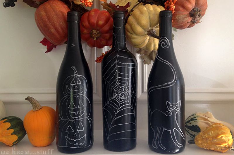 Black painted Halloween wine bottles