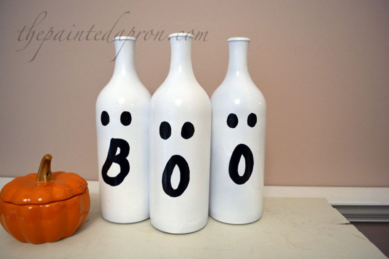 painted white Wine Bottles boo Décor for Halloween 