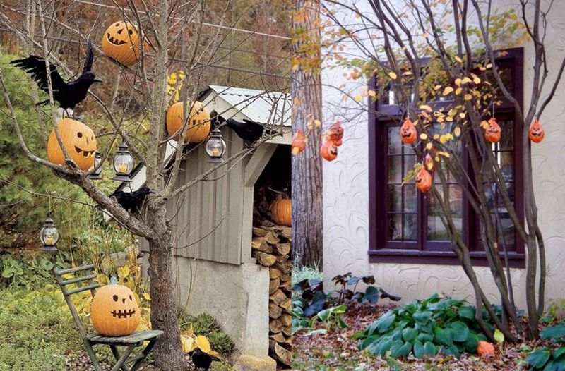 Halloween outdoor tree decoration with pumpkins  