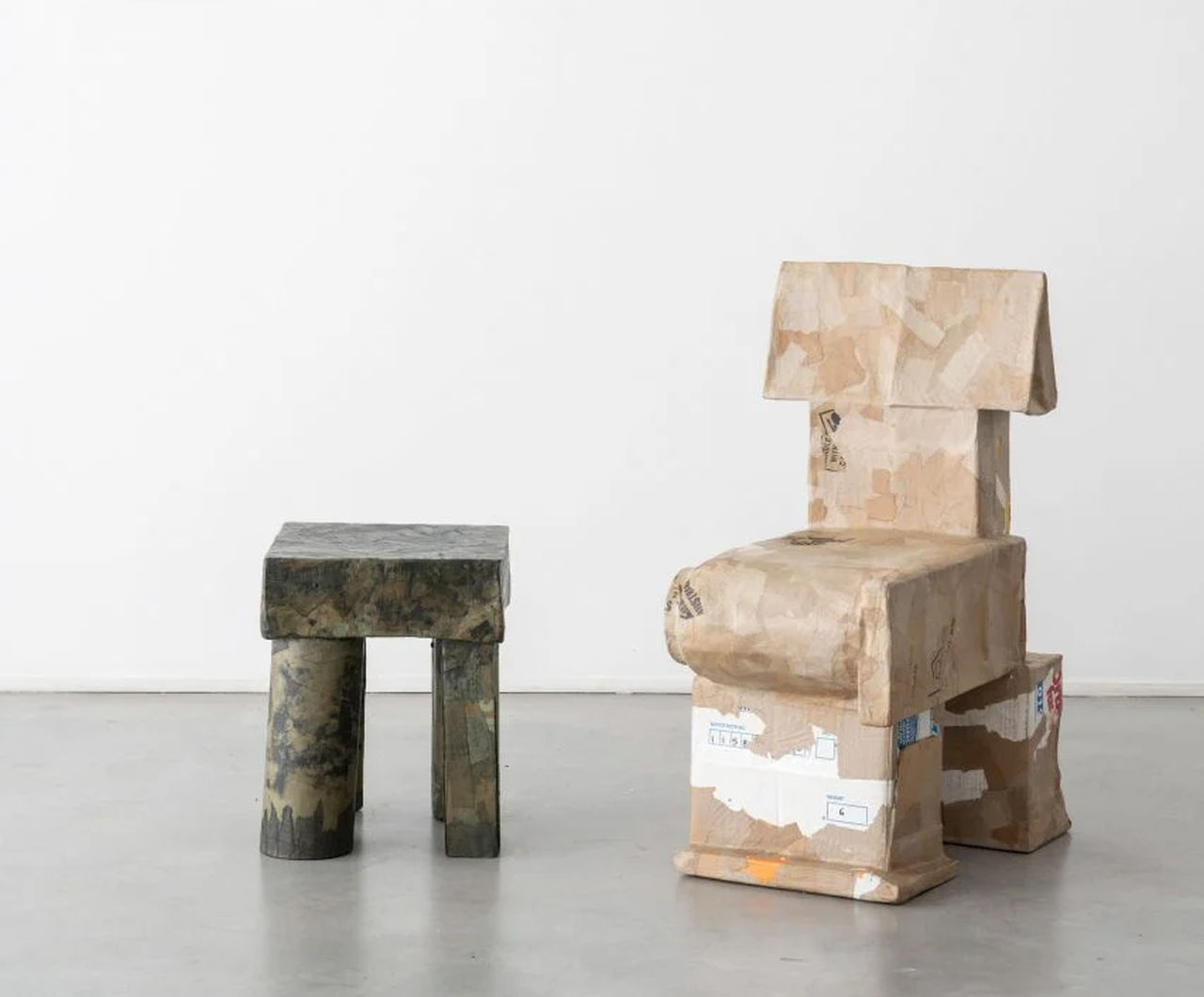 Max Lamb’s Cardboard Furniture Collection-chair and stool with layers of cardboard