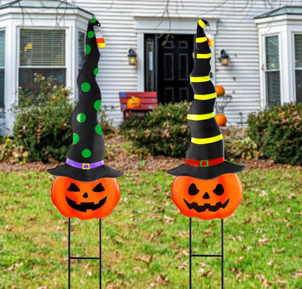 Metal Jack-O-Lantern Stakes with Witch Hats