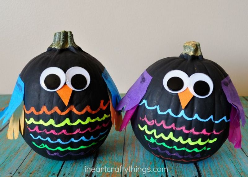 No-carve painted owl pumpkins
