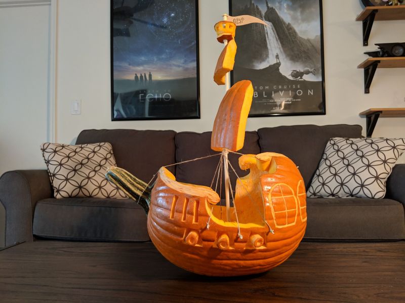 Pirate ship carved pumpkin
