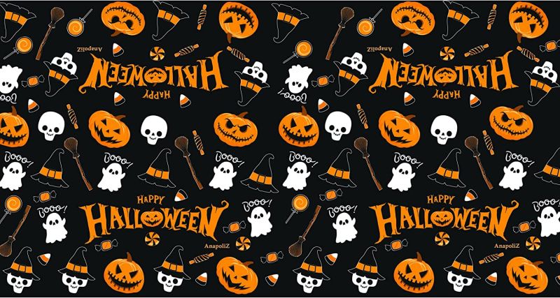 Rectangular table cover featuring printed pumpkins and ghost