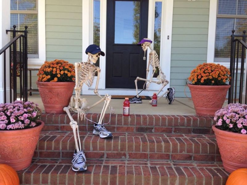 Skeleton joggers at front door 
